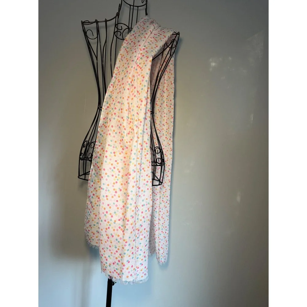 Avenue 9 Multicolor Polka Dot Scarf White Lightweight Fringed Wrap 67x25.5 NWT